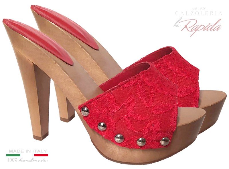 Red high heels woman clogs, Zoccoli rossi in pizzo | La Rapida